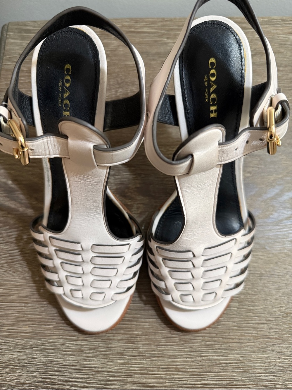 Coach white Leather T-Strap Woven Slingback Heels - Picture 3 of 8